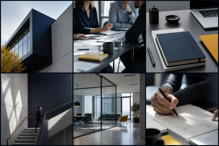 Representative business concept: six coordinated posts featuring architecture, collaboration and professional workspaces.