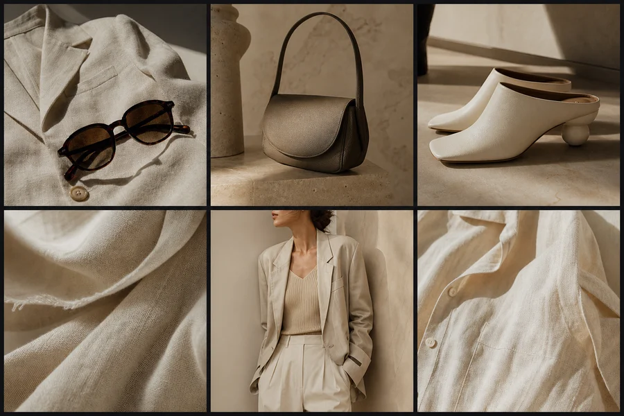Representative fashion concept: six coordinated posts featuring neutral clothing, accessories and editorial photography.