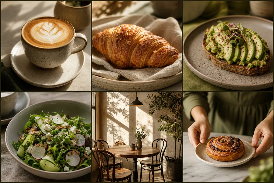 Representative hospitality concept: six coordinated posts featuring coffee, pastries, fresh food and a cafe.
