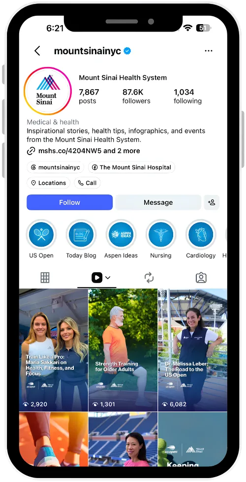 Mount Sinai Health System Instagram profile